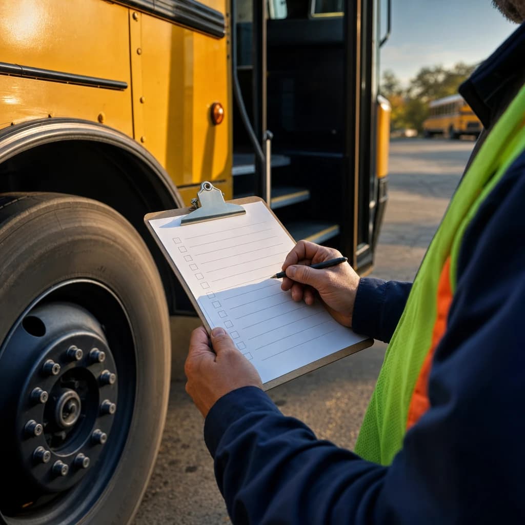 Hands holding a checklist beside the wheel and steps of a school bus