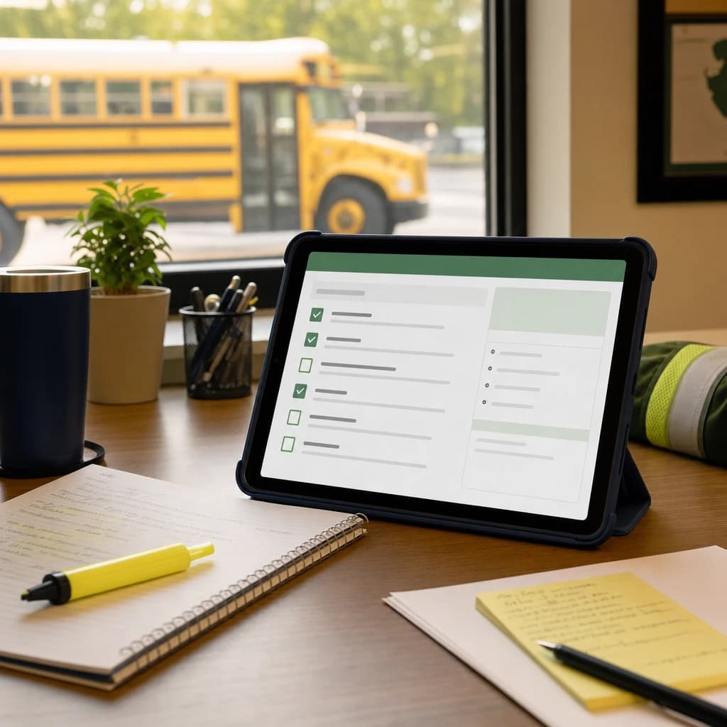 Tablet showing a simple checklist on a study desk beside a school bus
